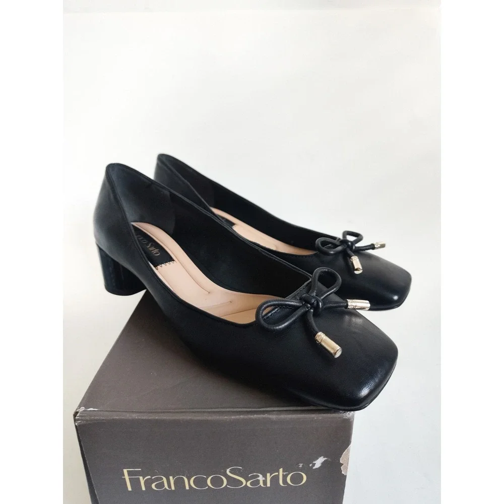 New Franco Sarto Pumps 6.5 Square Toe Bow Low Block Heel Leather Coquette Office